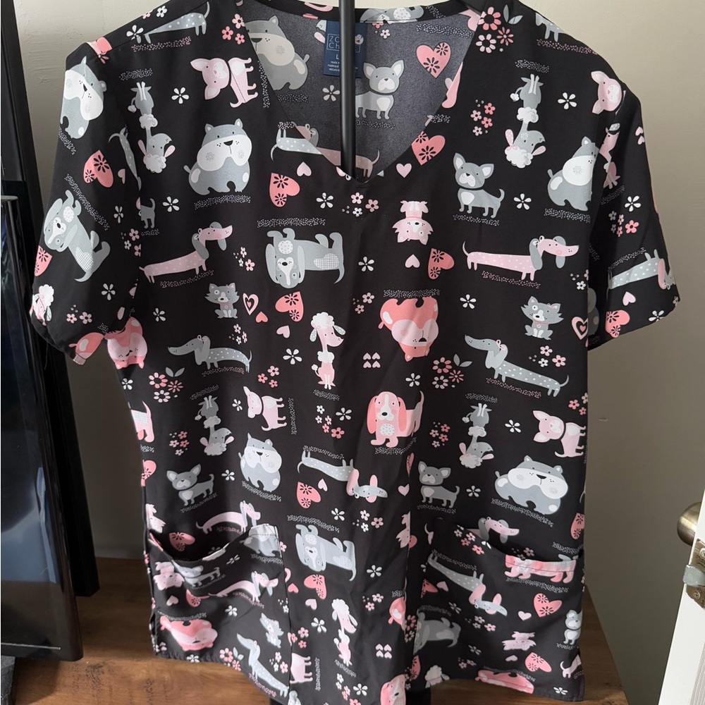 Women's Animal Print Scrub Top - Black and Pink
